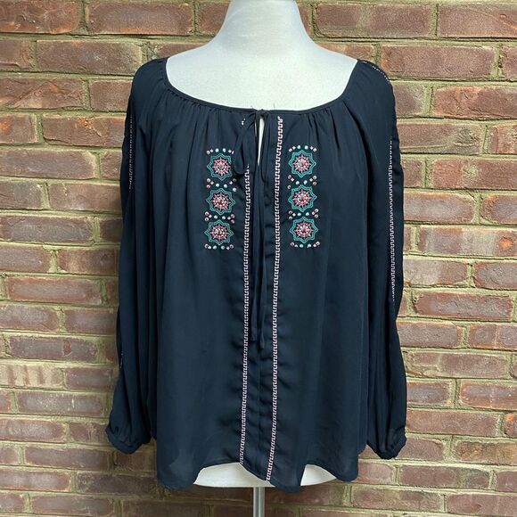 GB Black Sheer Embroidery Tie Front Blouse - Picture 2 of 6